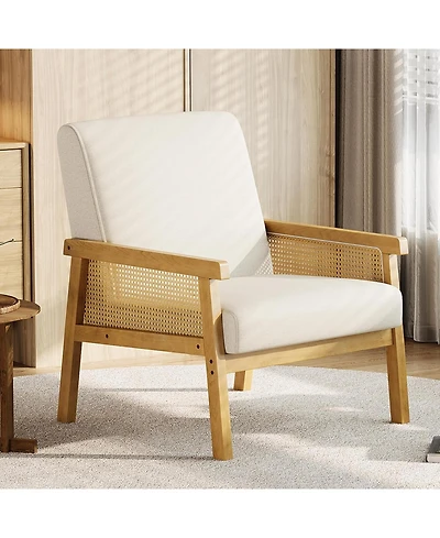 gaomon Linen Accent Chair,Rattan Armchair with Wooden Frame,High Back,Upholstered Reading Chair Leisure Chairs for Living Room Bedroom