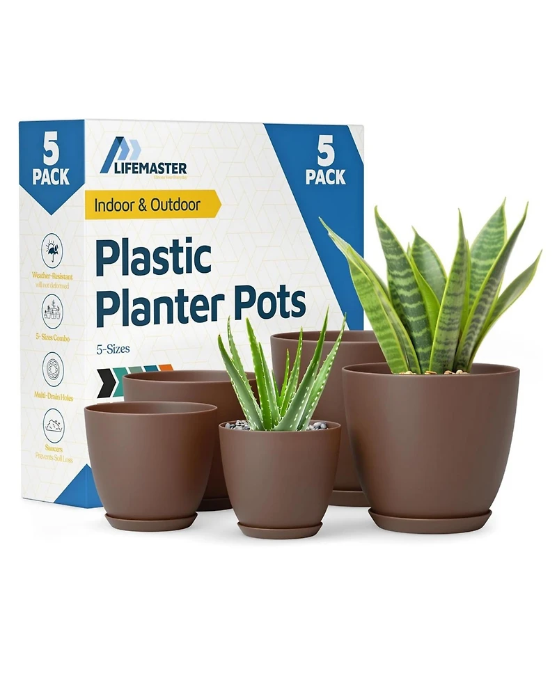Lifemaster Set of 5 lightweight, durable brown planter pots with drainage holes. Space-saving, versatile, and ideal for indoor/outdoor use.