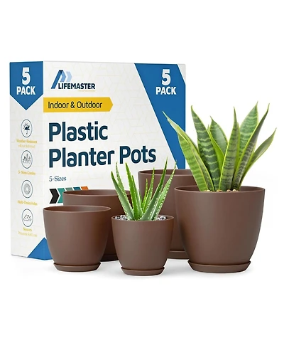 Lifemaster Set of 5 lightweight, durable brown planter pots with drainage holes. Space-saving, versatile, and ideal for indoor/outdoor use.