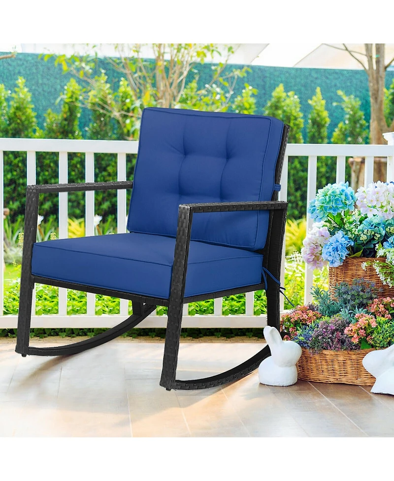 Gymax Outdoor Wicker Rocking Chair Patio Lawn Rattan Single Chair Glider with Cushion