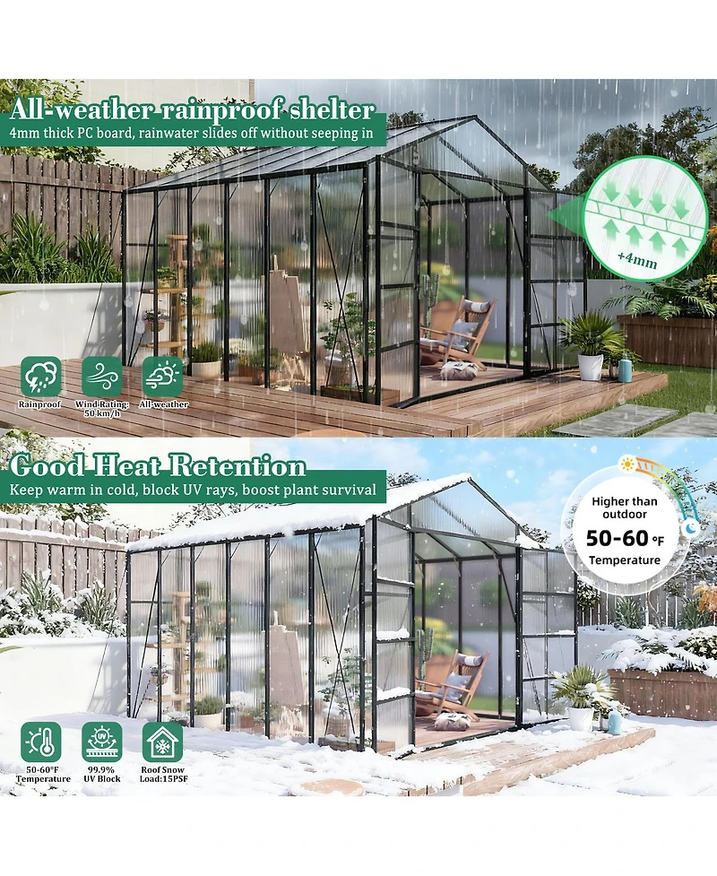 Streamdale Furniture Gain height 10x12 Ft Aluminum All Season Greenhouse with Polycarbonate Panels