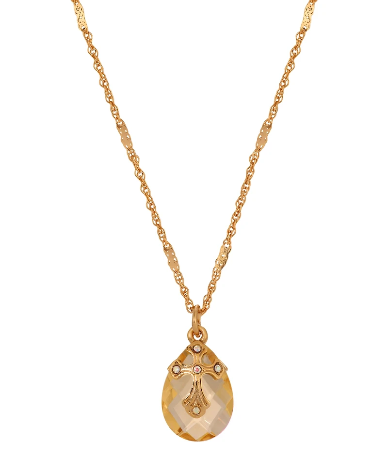 Symbols of Faith 14k Gold Dipped Light Colorado Oval Glass Drop Crystal Cross 16"+3" Necklace
