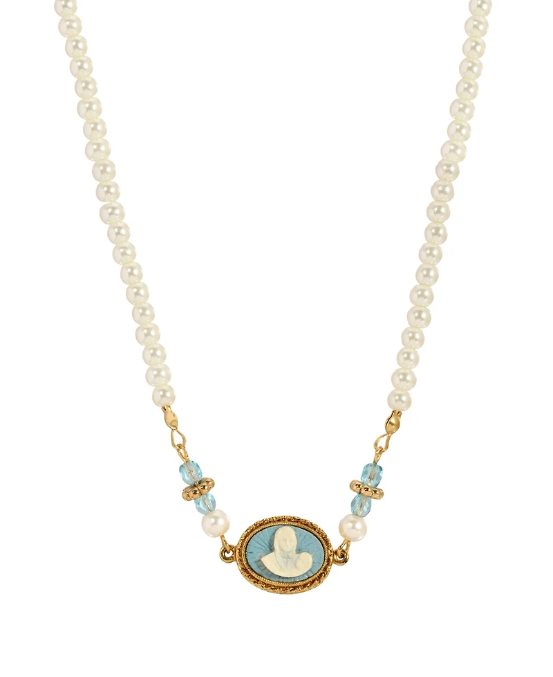 Symbols of Faith Gold-Tone Imitation Pearl Aqua Bead Chain Mary Child Cameo Necklace