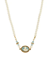 Symbols of Faith Gold-Tone Imitation Pearl Aqua Bead Chain Mary Child Cameo Necklace