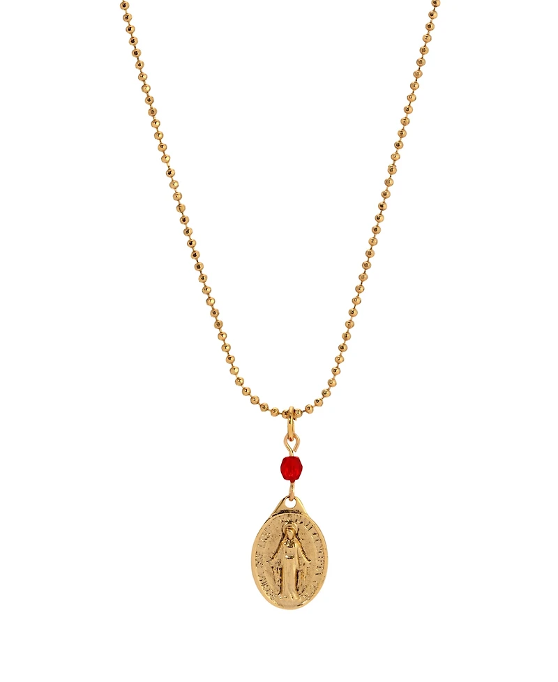 Symbols of Faith Gold-Tone Oval Miraculous Medal Charm Red Bead 16" Necklace