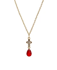 Symbols of Faith Gold-Tone Cross Clear Crystals Red Briolette Drop 16" Necklace