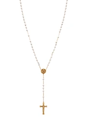 Symbols of Faith Gold-Tone White Bead Virgin Mary Locket Rosary