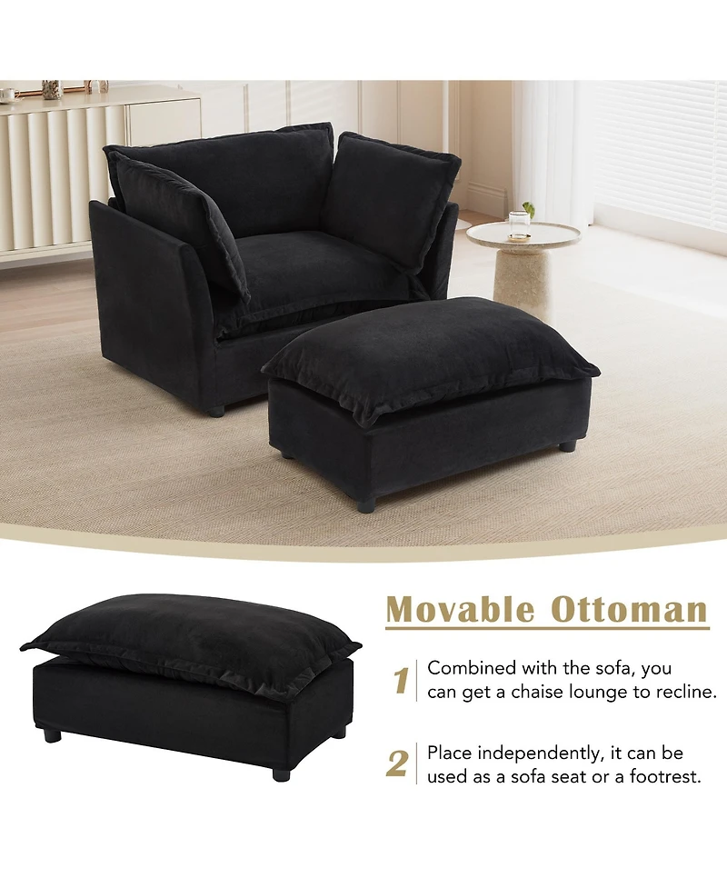 Rainsken Modern Single Sofa with Movable Ottoman, 47" Cozy Upholstered Sofa Chair with Wide Seat, Curved Armrests and Soft Pillows for Living Room