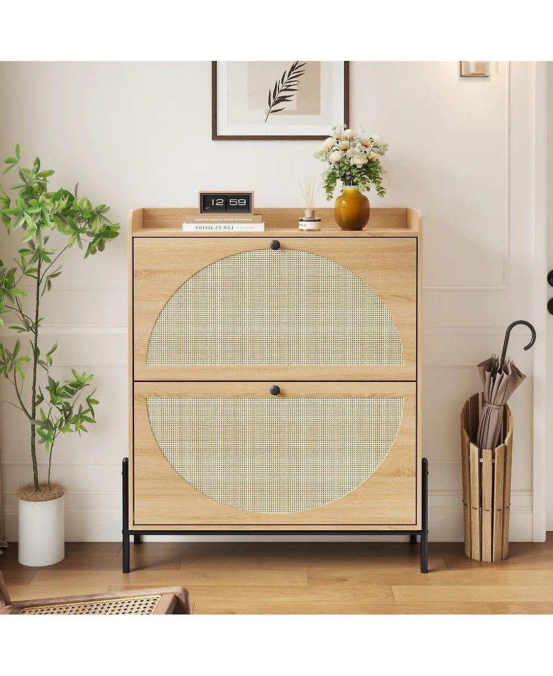 Streamdale Furniture Walnut 2-Drawer Rattan Shoe Cabinet