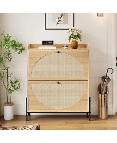 Streamdale Furniture Walnut 2-Drawer Rattan Shoe Cabinet