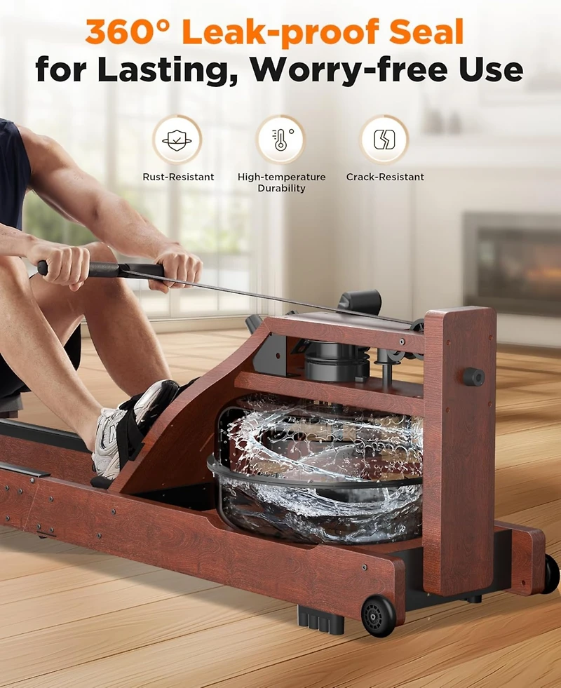 Fed Fitness Pro Wood Water Rowing Machine, Upgraded Ergonomic Frame, 400 Lbs Weight Capacity, Foldable, Large Leak-Proof Tank, Bluetooth App