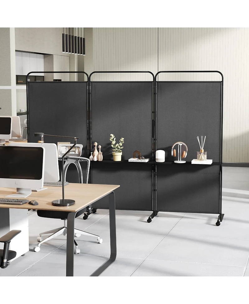 sumyeg 3-Panel Folding Room Divider with Metal Shelves and Lockable Wheels