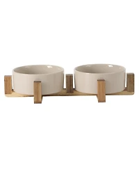 Gibson Home Zoomie Bites 5.5inch Ceramic Dog and Cat Bowl with Acacia Wood Stand Non-Slip Matte Glaze Weighted Food Water Set for Cat and Dog
