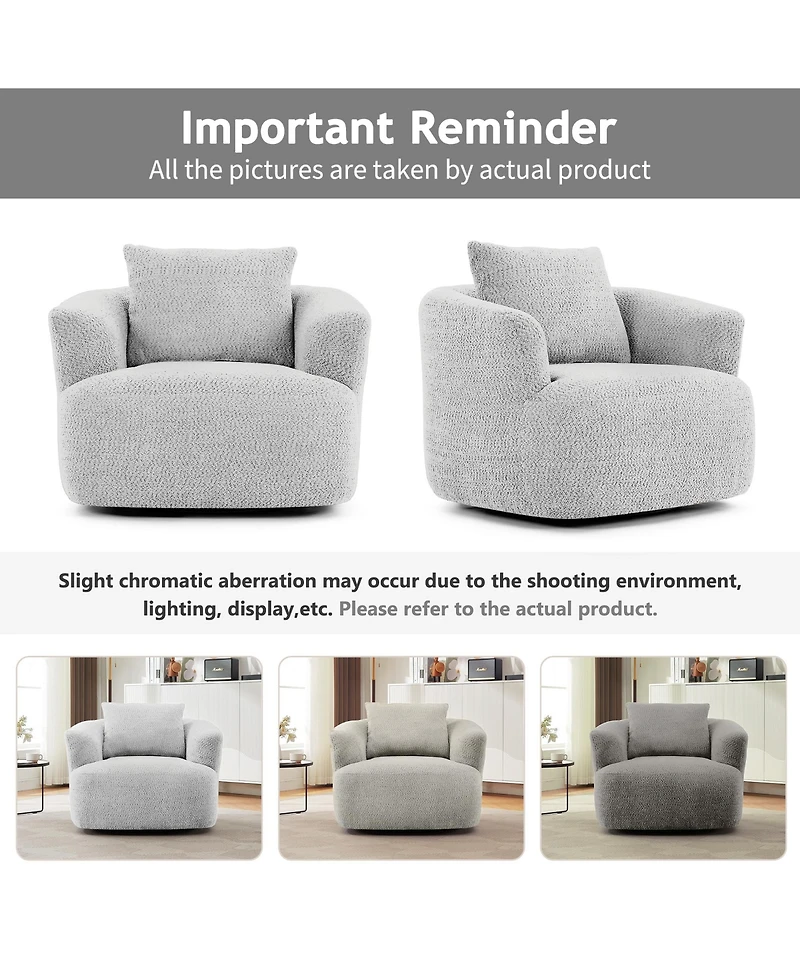 Rainsken 360degree(s) Swivel Sofa Chair, 38.2" Upholstered Barrel Chair with Deep Seating and a Throw Pillow for Living Room, Bedroom