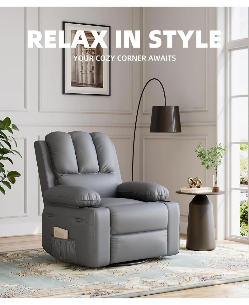 homfan Massage Recliner with Lumbar Heat, Swivel and Rocking Motion - Comfortable Easy-Clean Seating with Cup Holders and Side Storage Pocket