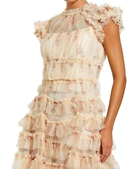 Mac Duggal Women's Printed Mesh Short Sleeve Micro Ruffle Midi Dress