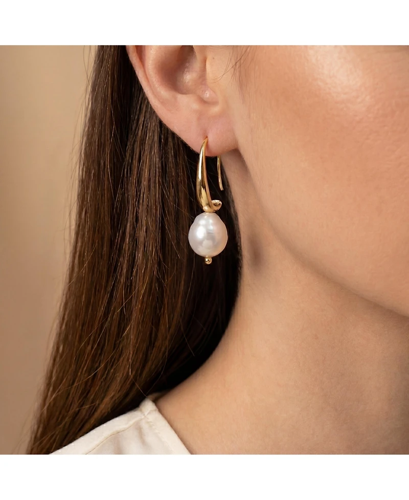 Classy Sterling Silver with 14K Gold Plating and Genuine Freshwater Pearl Dangling Earrings