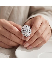 White Gold Plated with Clear Cubic Zirconia Oval Cocktail Snowflake Cluster Ring