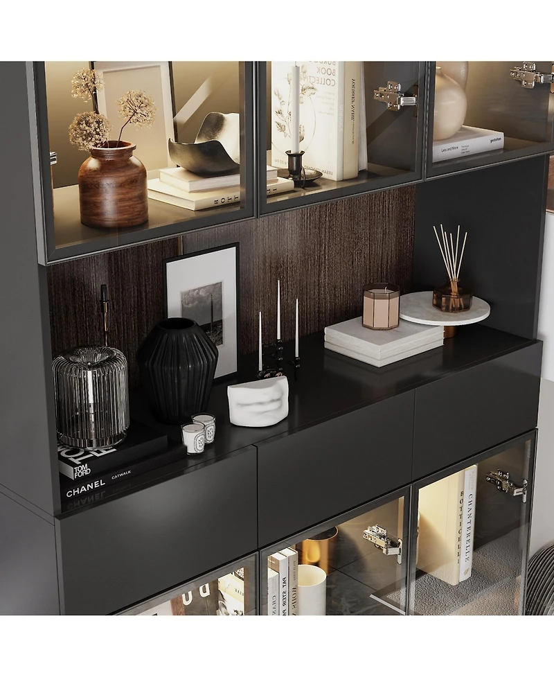 Famapy Bookshelf/Pantry with Glass Door and Led Lights for Living Room/Kitchen