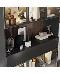 Famapy Bookshelf/Pantry with Glass Door and Led Lights for Living Room/Kitchen