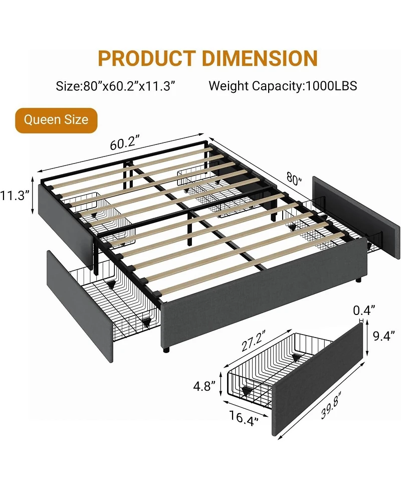 gaomon Queen Platform Bed with 4 Drawers, Linen Upholstered