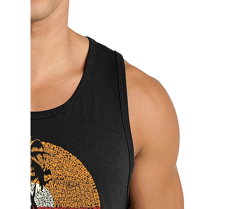 La Pop Art Men's Sunset Palm Tree Beach Scene Word Graphic Tank Top