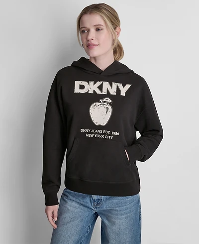 Dkny Jeans Women's Long-Sleeve Big Apple Rhinestone Flocking Logo Hooded Sweatshirt