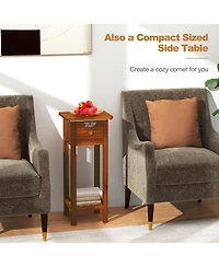 Gymax 2Pieces Solid Wood Side Table Home Rectangular Sofa Side Table with Acacia Wood Top Telephone Table