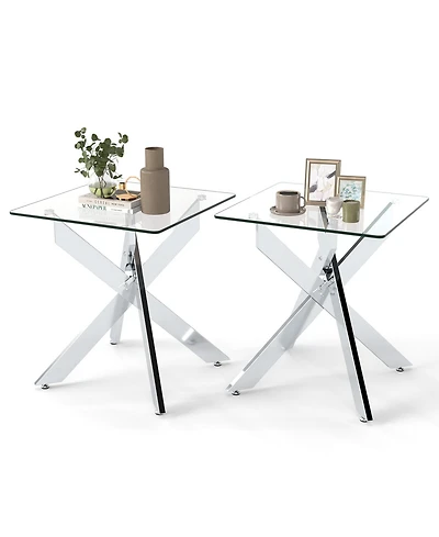Gymax 2PCS Glass Side Table Square End Table w/Tempered Glass Top and Metal X Base