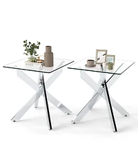 Gymax 2PCS Glass Side Table Square End Table w/Tempered Glass Top and Metal X Base