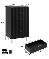 homfan Modern Fluted 5 Drawer Dresser - 48" Tall Wooden Chest with Deep Storage, Wide Top, Organizer for Bedroom, Living Room, Hallway, Kids Room
