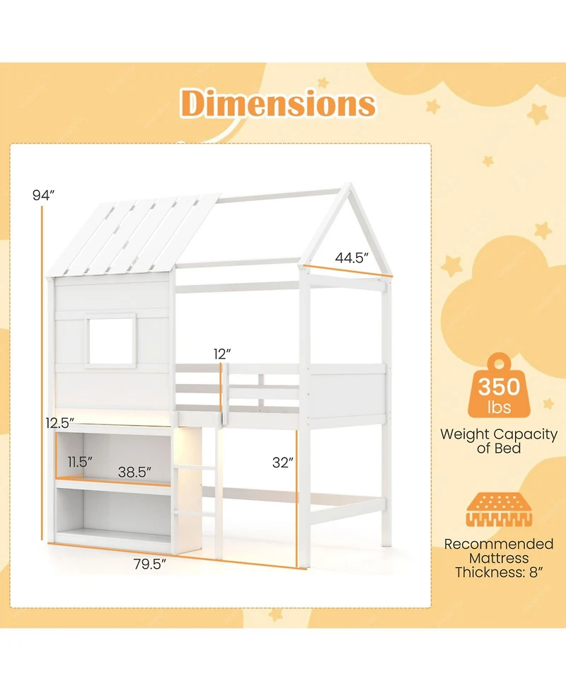 Gymax Twin Size Loft Bed w/ Led Lights and Roof Window and Storage Bookshelf and Guardrails