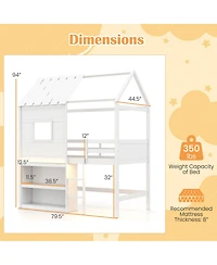 Gymax Twin Size Loft Bed w/ Led Lights and Roof Window and Storage Bookshelf and Guardrails