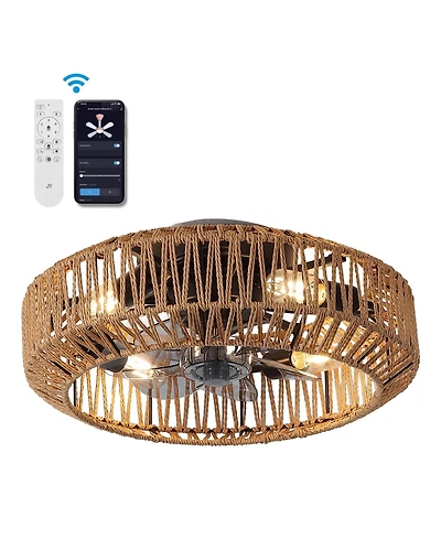 Jonathan Y Rowan 19.5" 4-Light Modern Bohemian 6-Speed Metal/Rattan Mobile-App/Remote-Controlled Lantern Led Ceiling Fan