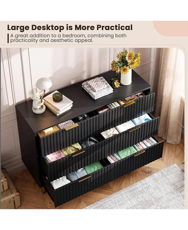homfan Modern Fluted 6 Drawer Dresser - Wide Wooden Chest with Deep Drawers Double Tv Stand for Bedroom, Living Room, Hallway, Kids Room