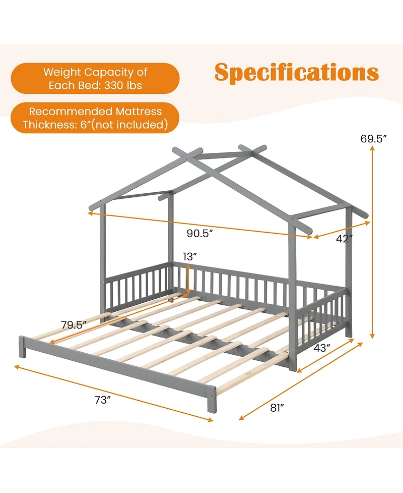 Gymax Wooden House Bed Twin to King Daybed w/ Safety Rails and Decorable Roof