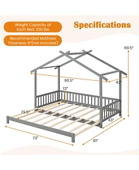 Gymax Wooden House Bed Twin to King Daybed w/ Safety Rails and Decorable Roof