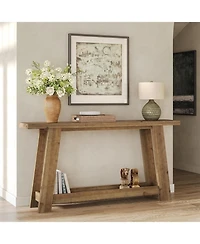 Slickblue Farmhouse Wooden Sofa Console Table with 2-Tier Shelf for Entryway-Light Brown