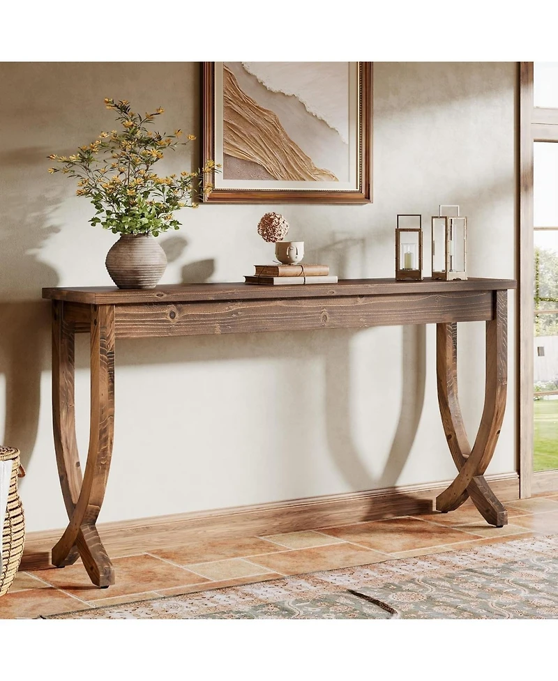 Slickblue Farmhouse Entryway Console Table, Solid Wood Sofa Table for Living Room-Brown