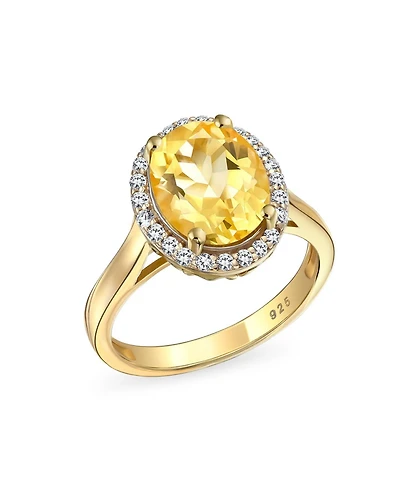Bling Jewelry Classic Oval Gemstone Halo Statement Ring 3CT Cz Citrine, Zircon14K Gold Plated .925 Sterling Silver