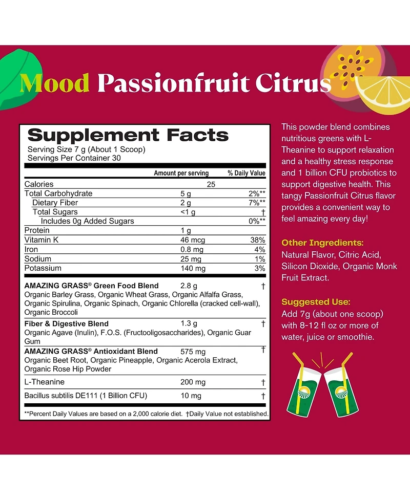 Amazing Grass Greens Blend Mood, Passionfruit Citrus, Super Greens Powder, 7.4 oz, 30 Servings