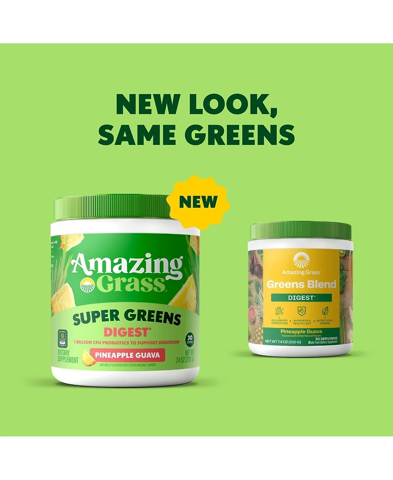 Amazing Grass Greens Blend Digest: Super Greens Powder with Spirulina, Chlorella, Pineapple Guava, Enzymes and Probiotics, 30 Servings