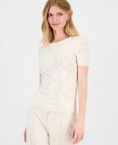 T Tahari Women's Burnout Floral Crewneck Top