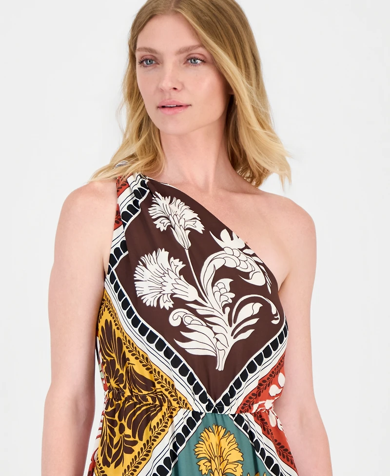 T Tahari Women's Printed Tiered One-Shoulder Maxi Dress