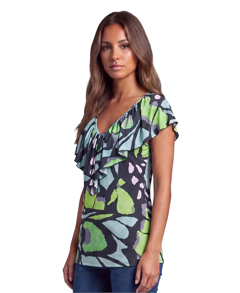 24seven Comfort Apparel Petite Essential Butterfly Print Cap-Sleeve Top