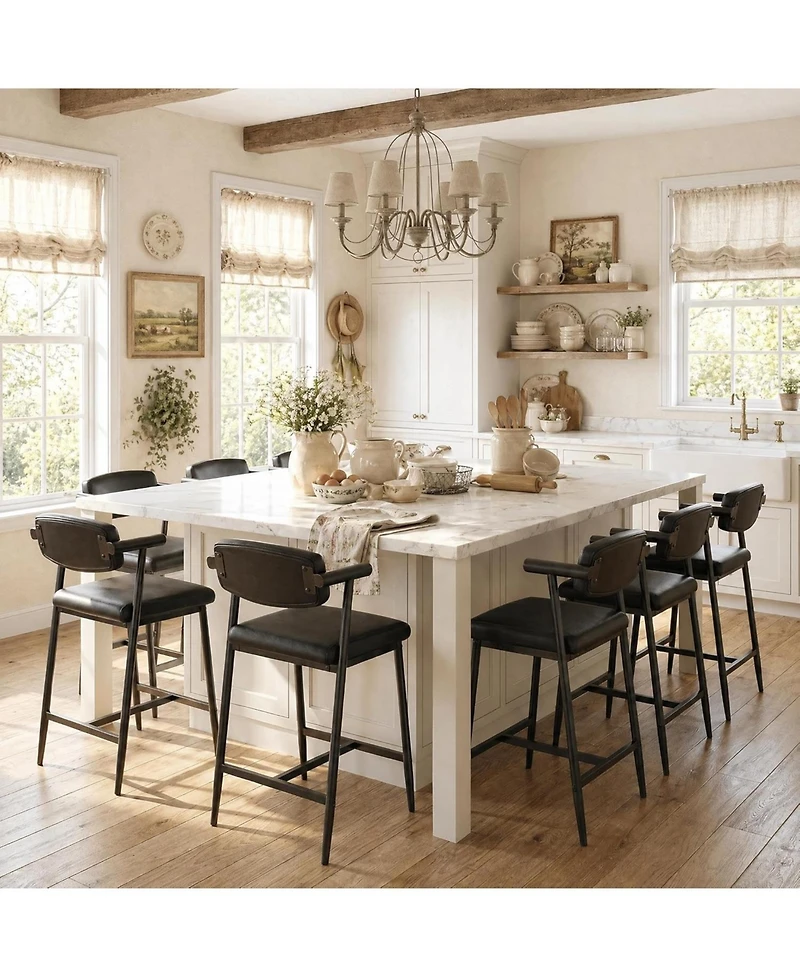 gaomon Set of 8 Rustic Black Bar Stools, 26" Counter Height with Soft Back, Arms and Footrest, Heavy Duty Metal Frame