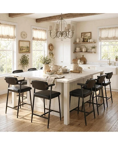 gaomon Set of 8 Rustic Black Bar Stools, 26" Counter Height with Soft Back, Arms and Footrest, Heavy Duty Metal Frame