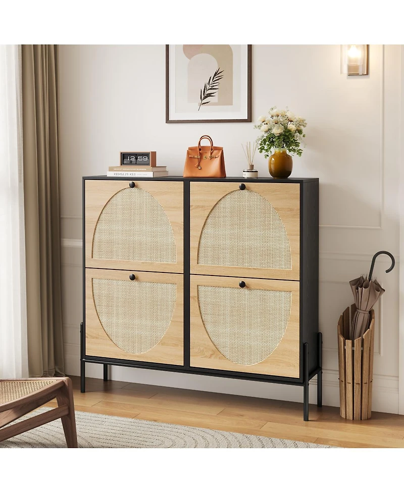 Streamdale Furniture Rattan Shoe Cabinet, 4-Door Flip