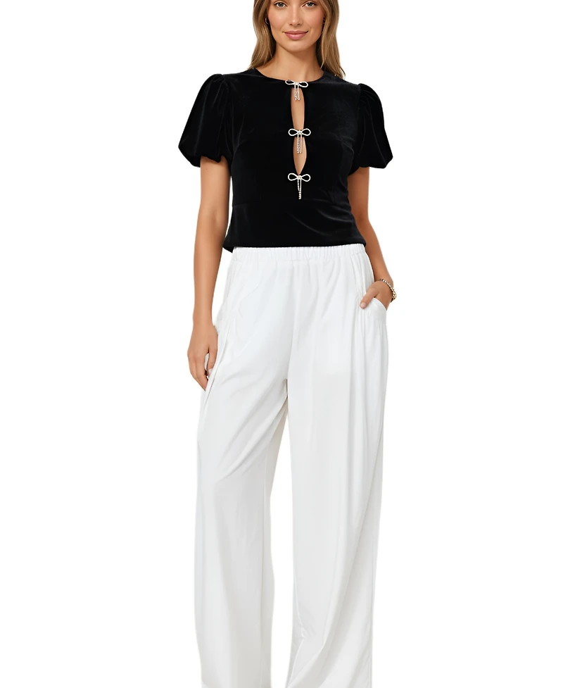 Modenaire Women's Velvet Puff Sleeve Keyhole Rhinestone Bow Top