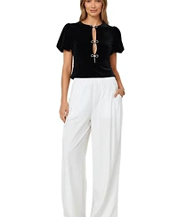 Modenaire Women's Velvet Puff Sleeve Keyhole Rhinestone Bow Top